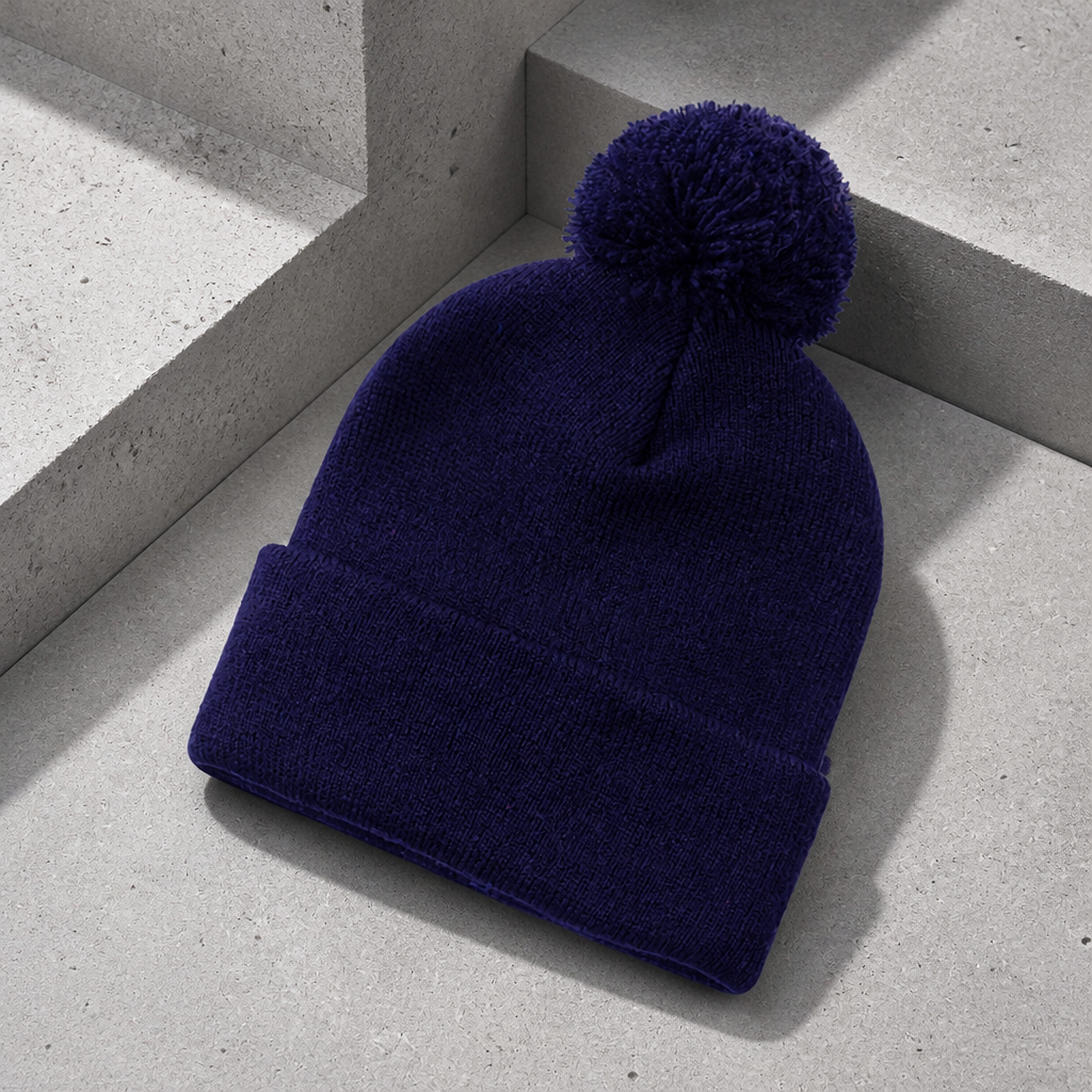 Bonnet avec pompon homme bleu marine, revers en double épaisseur