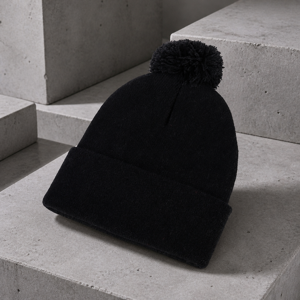 Bonnet avec pompon homme noir en maille acrylique, bord retourné