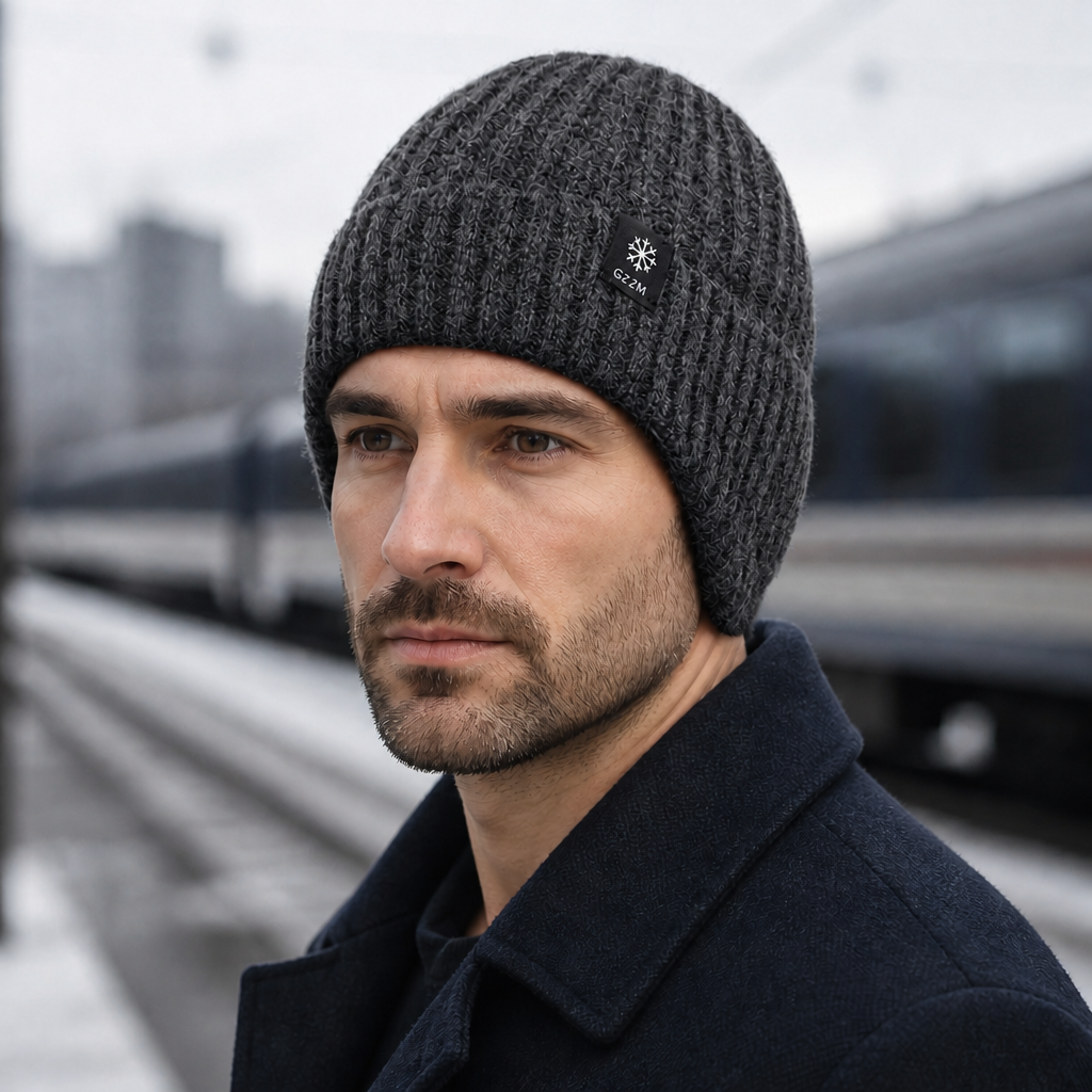 Homme portant le bonnet cache-oreilles gris foncé sur un quai de gare en hiver