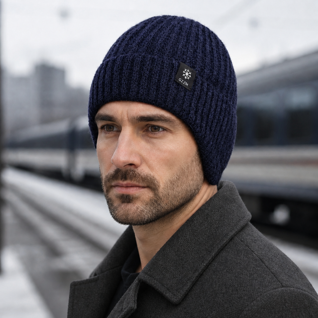 Homme portant le bonnet cache-oreilles bleu marine avec un manteau gris