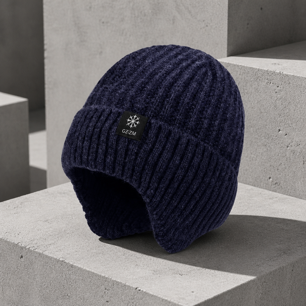 Bonnet cache oreille homme bleu marine en tricot à côtes