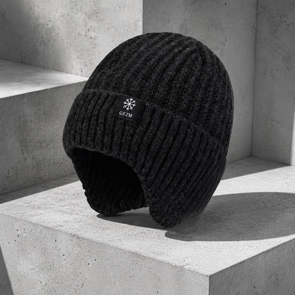 Bonnet cache oreille homme noir en tricot doublé de polaire