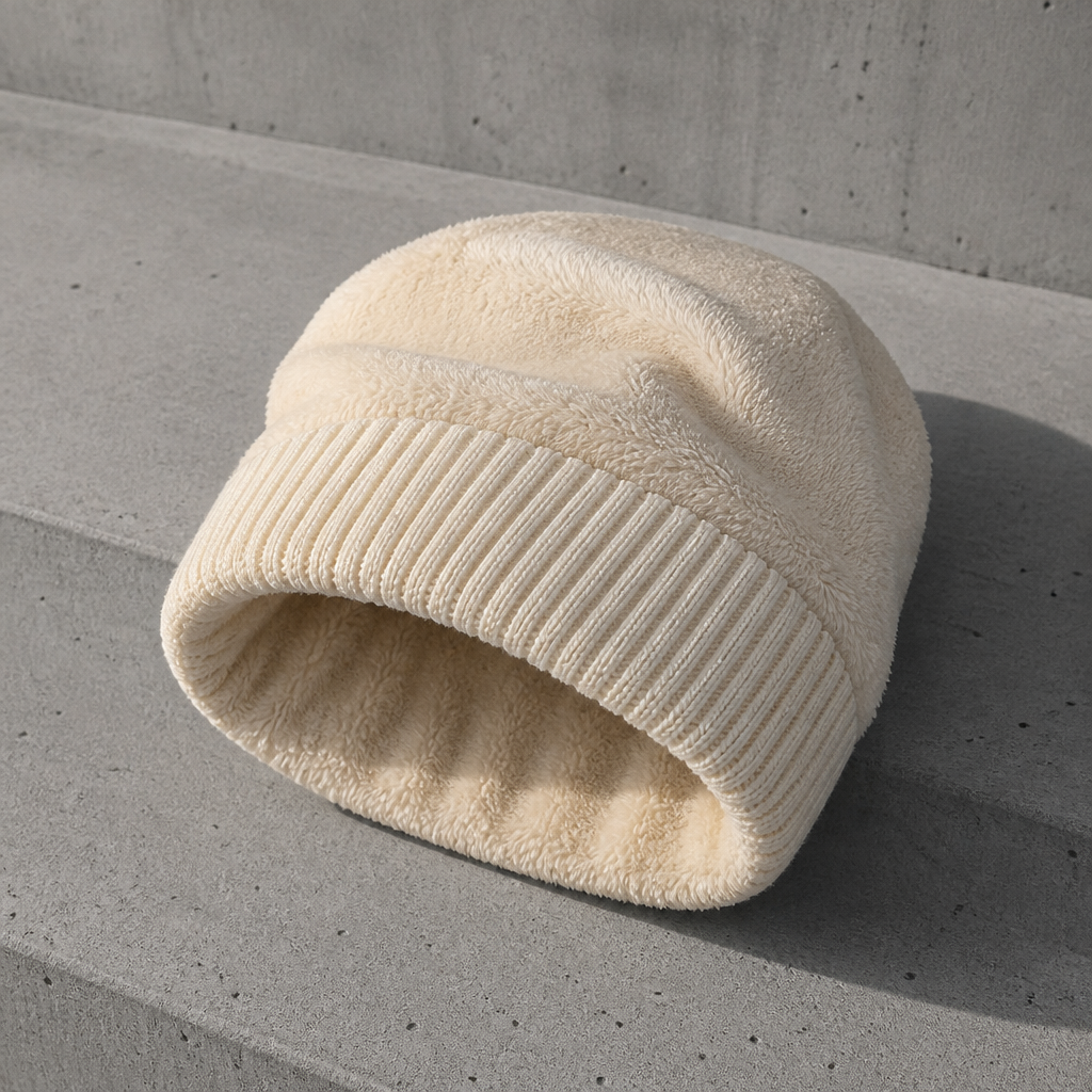 Bonnet beige retourné montrant la doublure en peluche crème et le revers côtelé