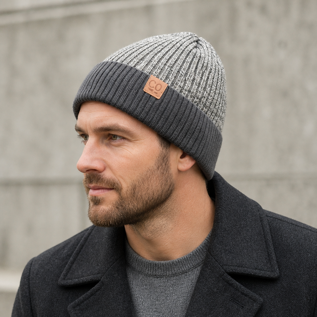 Homme portant le bonnet doublé peluche gris chiné à revers gris foncé