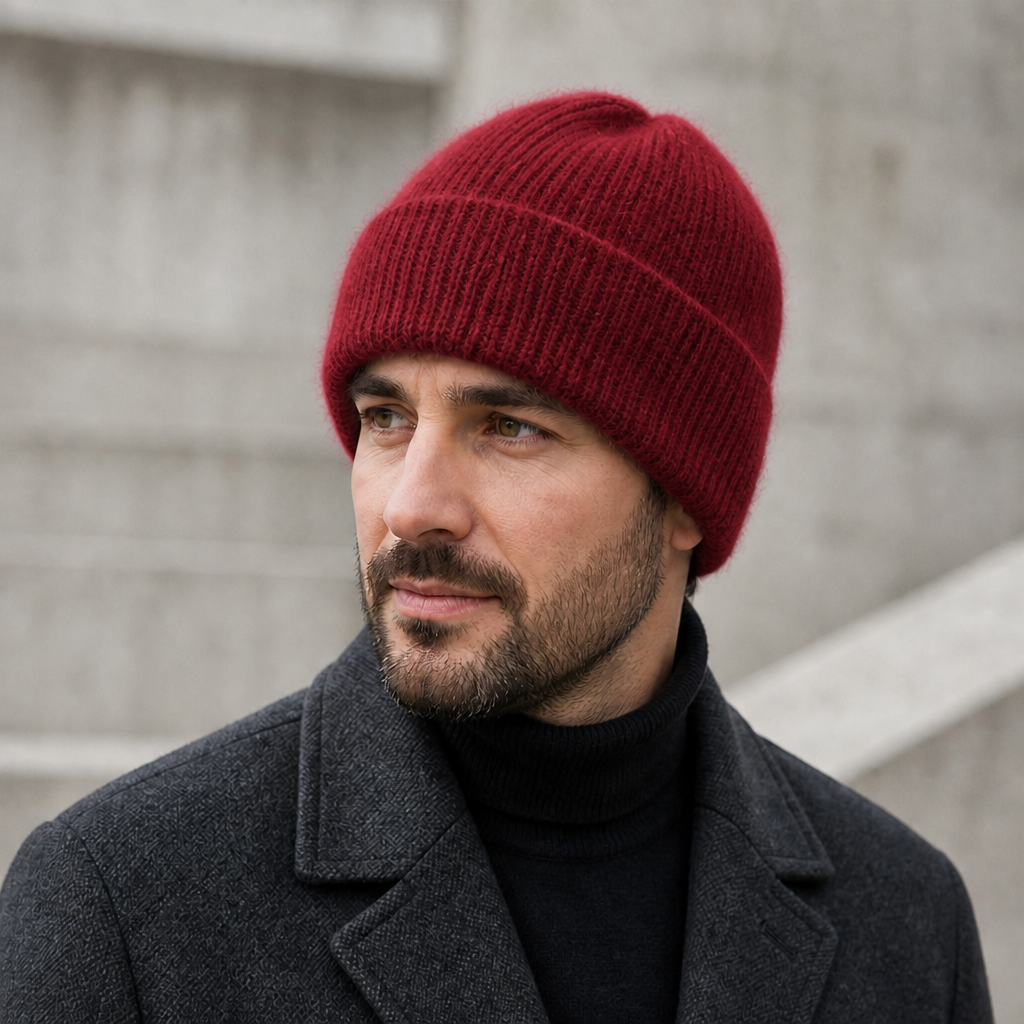 Homme portant le bonnet en laine bordeaux à revers sur une tenue sombre