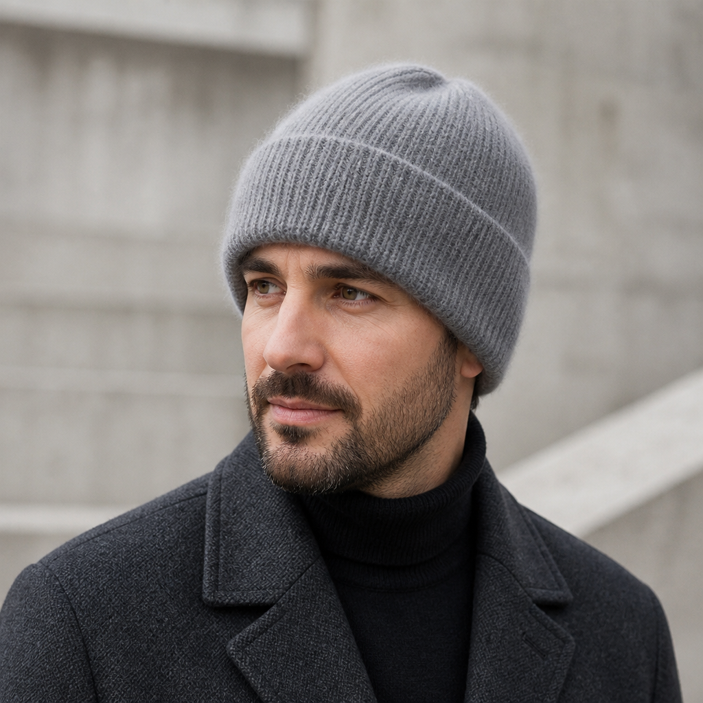 Homme portant le bonnet en laine gris à revers avec un manteau de laine anthracite