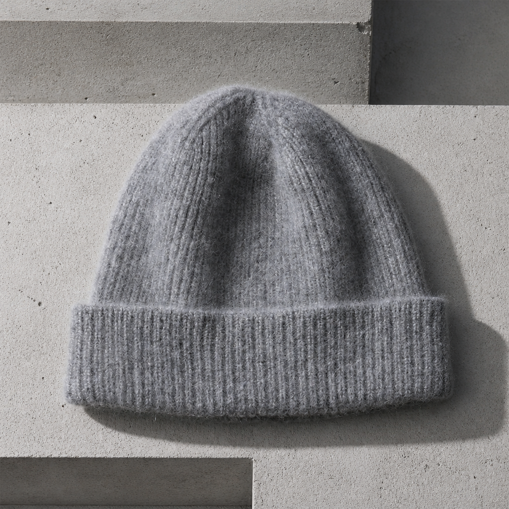 Bonnet en laine homme gris chiné à revers, maille côtelée