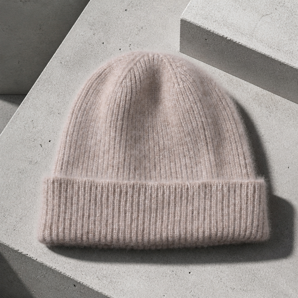Bonnet en laine homme taupe à revers, maille côtelée duveteuse