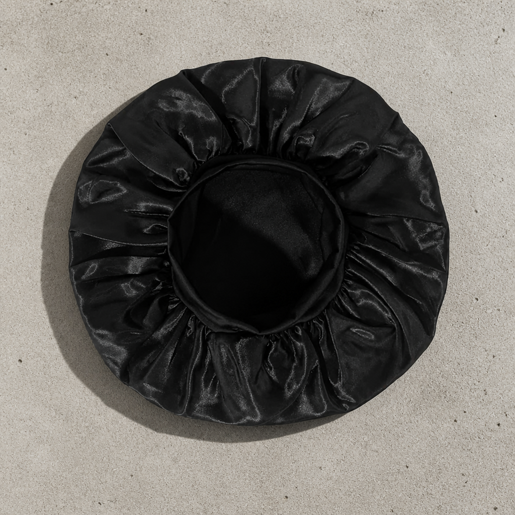 Bonnet en satin noir vu de dessous : ouverture ronde et calotte froncée