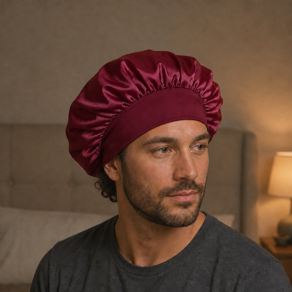 Homme portant le bonnet en satin bordeaux, lumière douce du soir