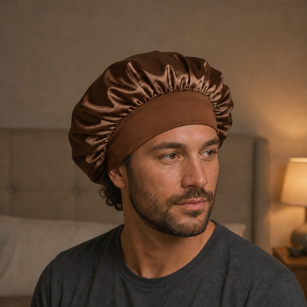 Homme portant le bonnet de nuit en satin marron