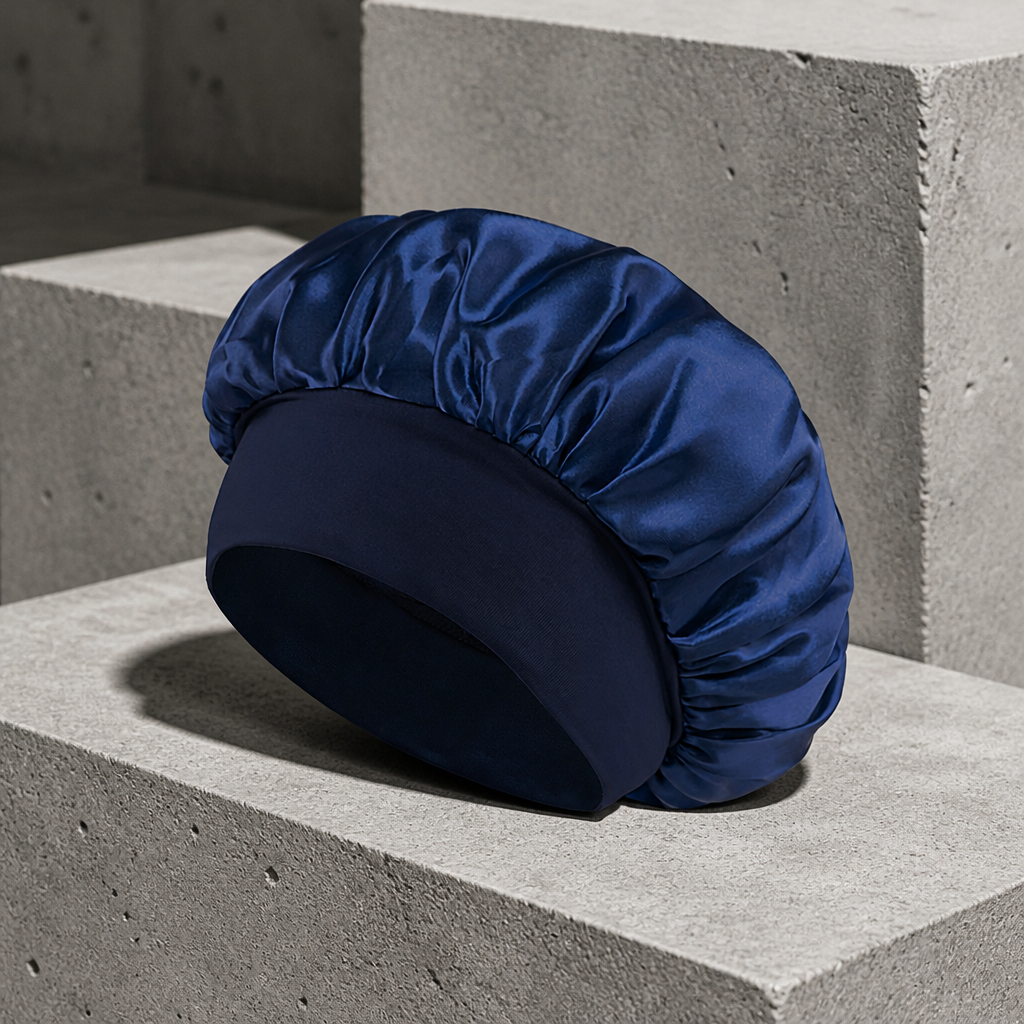 Bonnet en satin homme bleu marine à large bandeau