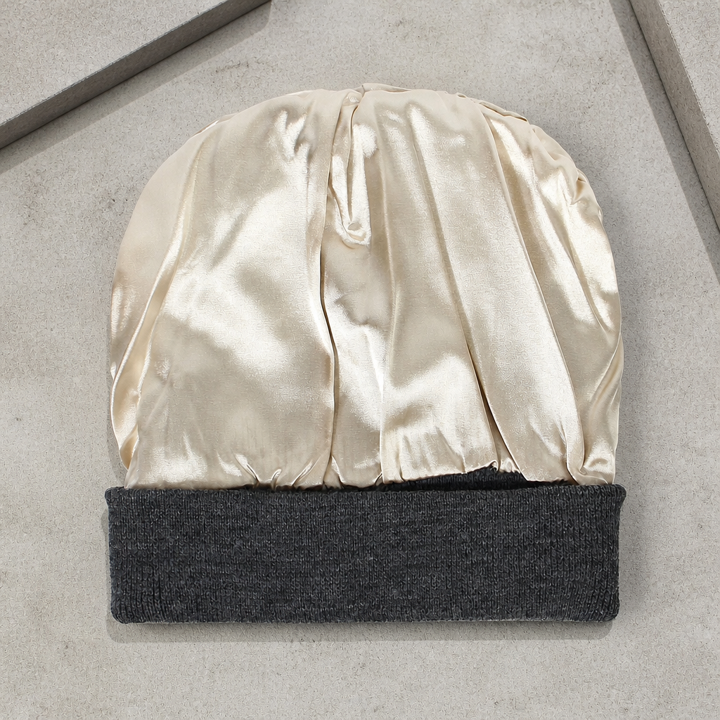 Bonnet gris retourné : doublure satin champagne sur tout l'intérieur