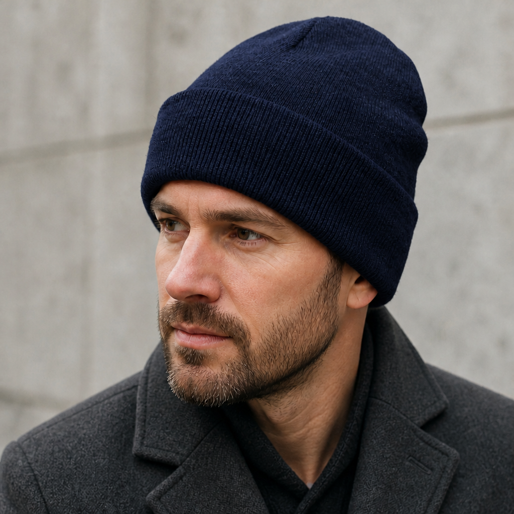 Homme portant le bonnet bleu marine à revers en extérieur
