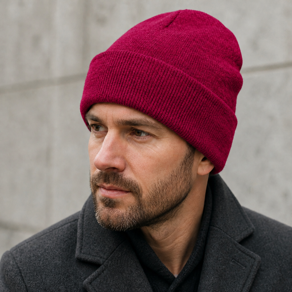 Homme portant le bonnet bordeaux à revers, touche de couleur sur une tenue sombre