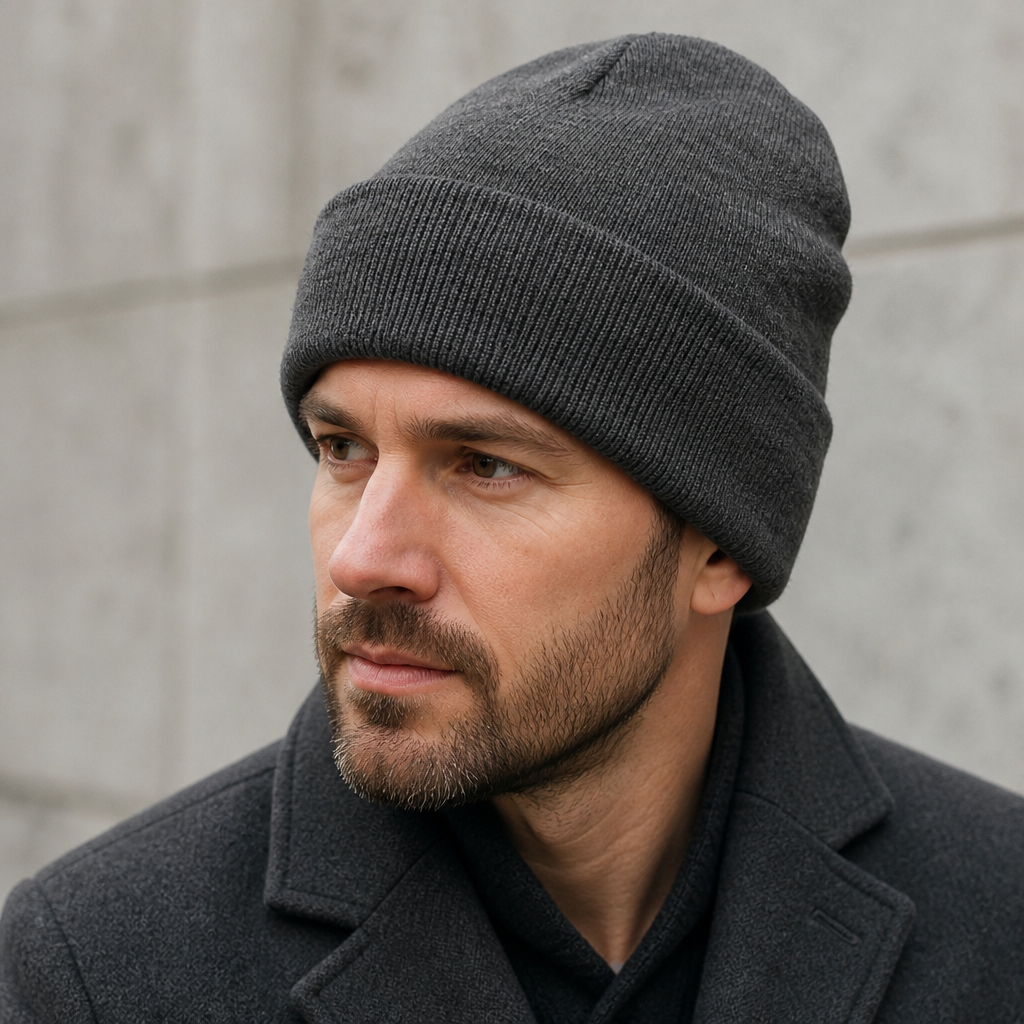 Homme portant le bonnet gris à large revers, maille côtelée fine