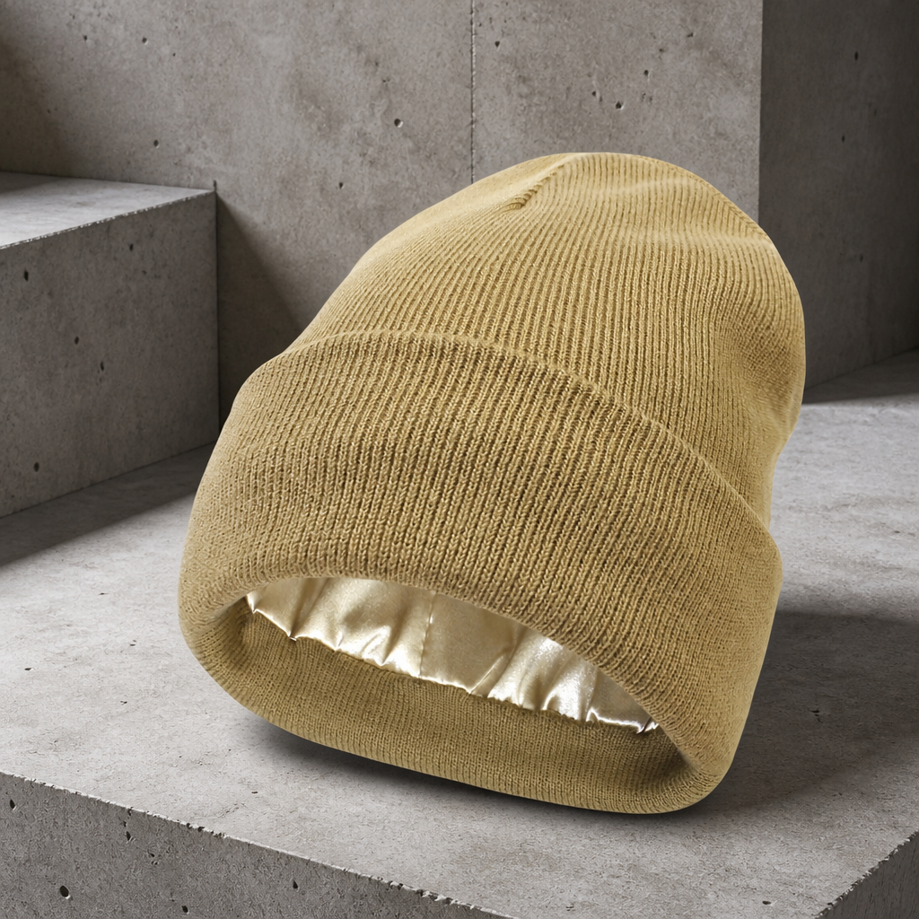 Bonnet homme beige en maille à revers, doublé de satin à l'intérieur