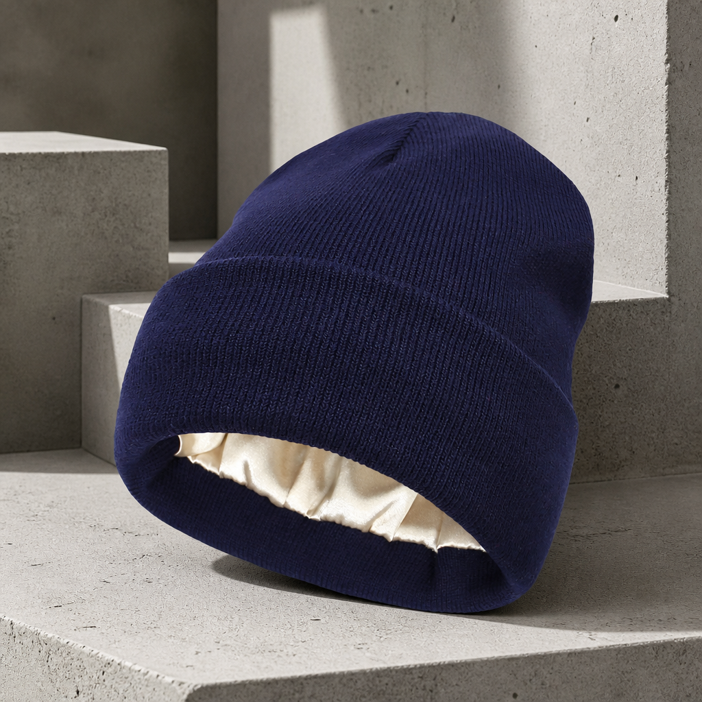 Bonnet homme bleu marine à revers avec doublure satin champagne
