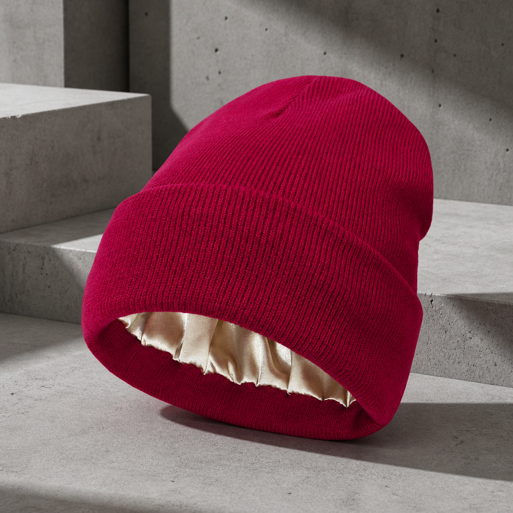 Bonnet homme bordeaux à revers, doublure satin champagne apparente