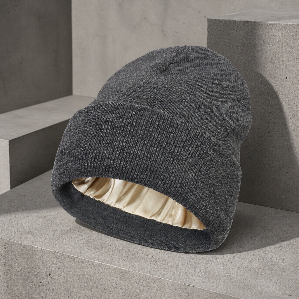 Bonnet homme gris chiné en maille à revers, intérieur doublé de satin