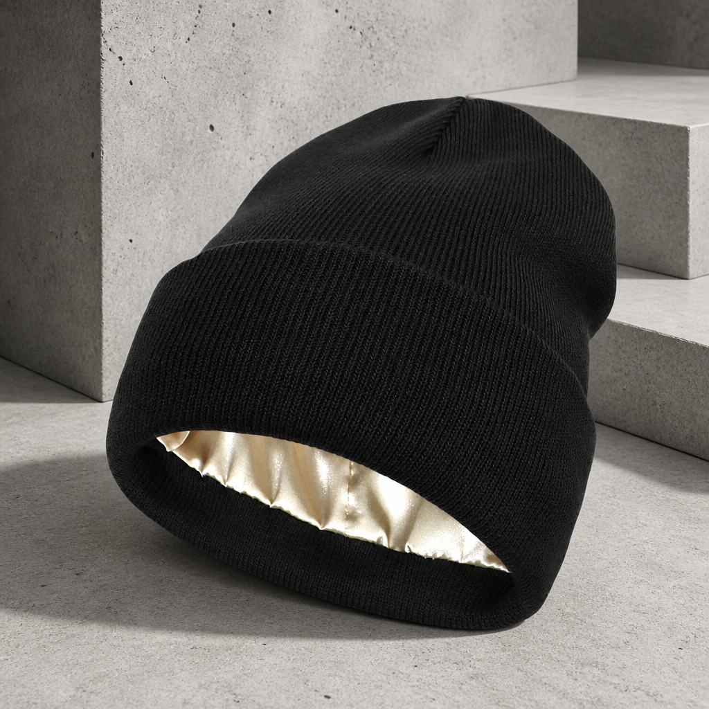 Bonnet homme noir en maille à revers, doublure satin champagne visible à l'intérieur