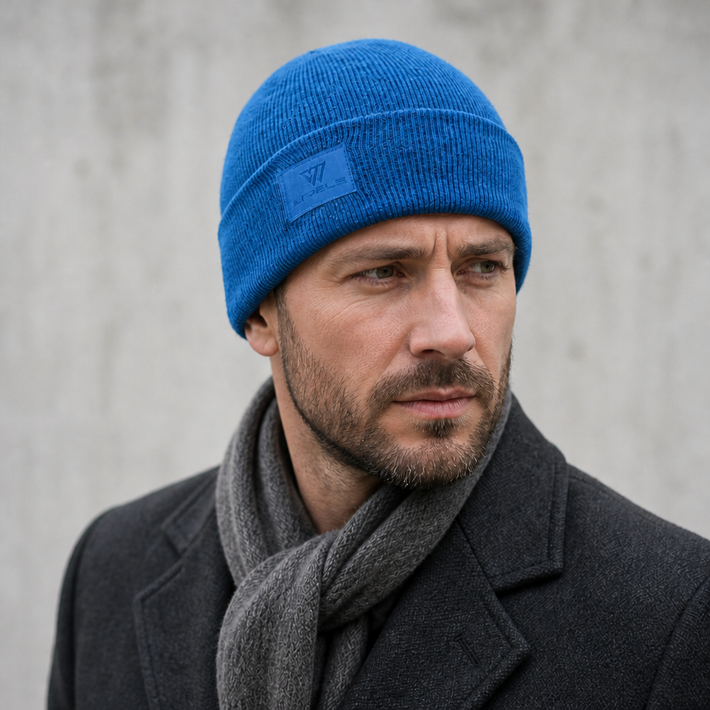 Homme portant le bonnet mérinos bleu roi, revers replié au-dessus des sourcils