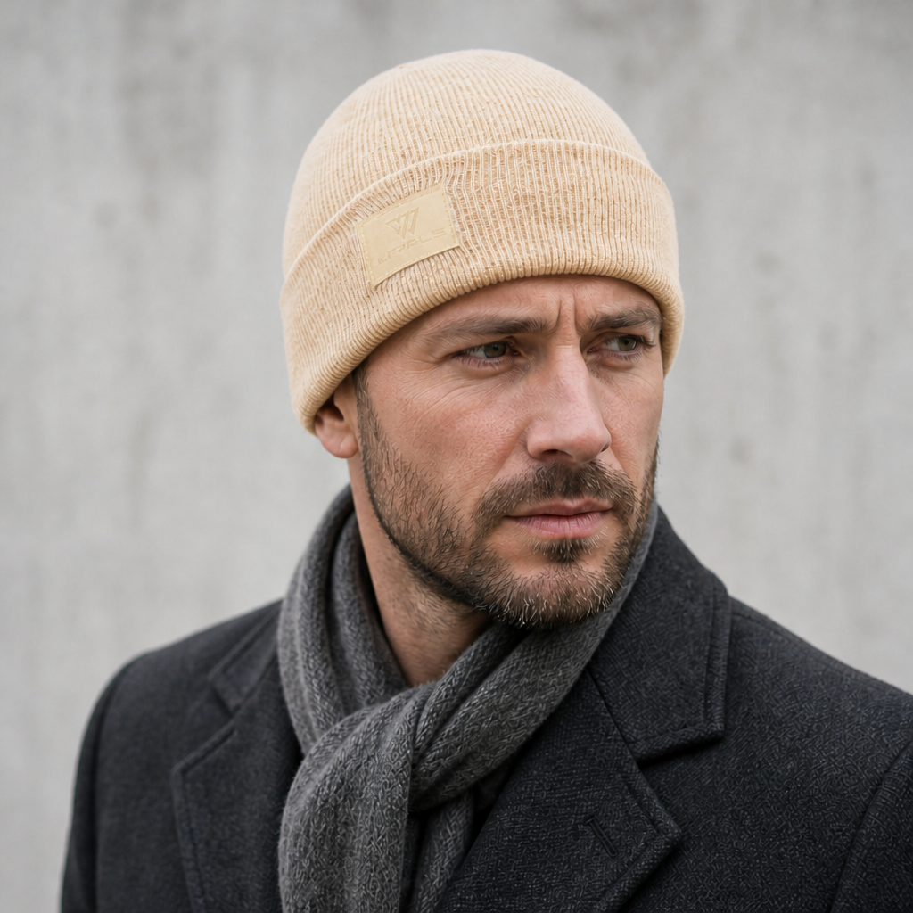 Des Finitions Exemplaires - Bonnet Laine Mérinos Homme à Revers et Écusson Ton sur Ton