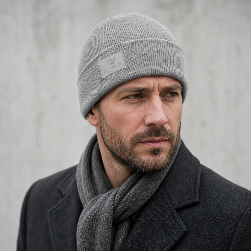 Homme portant le bonnet à revers gris en laine mérinos, écusson gris sur le revers