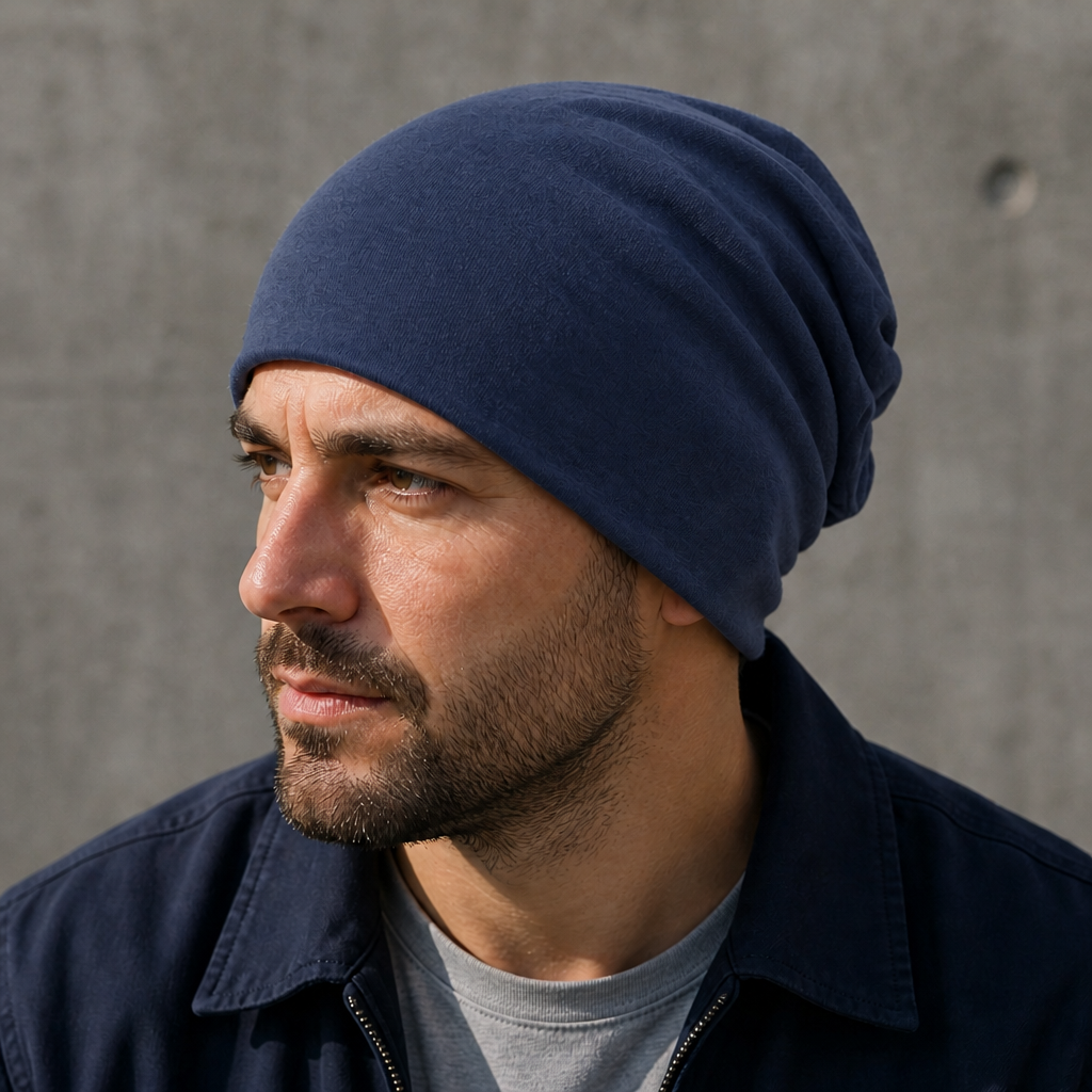 Homme portant le bonnet slouchy bleu en maille fine
