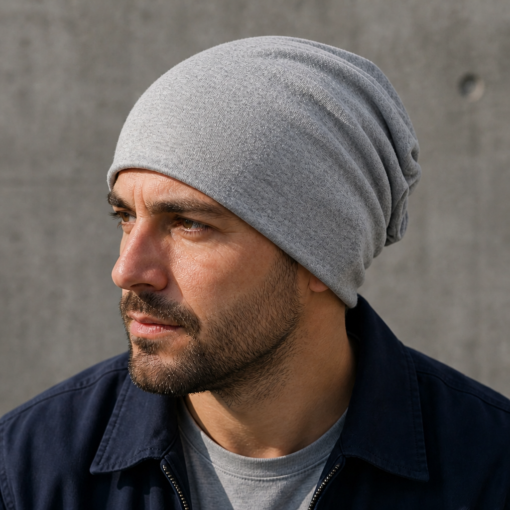 Homme portant le bonnet slouchy gris avec une veste marine