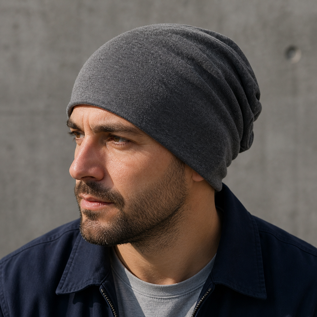 Homme portant le bonnet léger gris foncé, plis souples sur la nuque