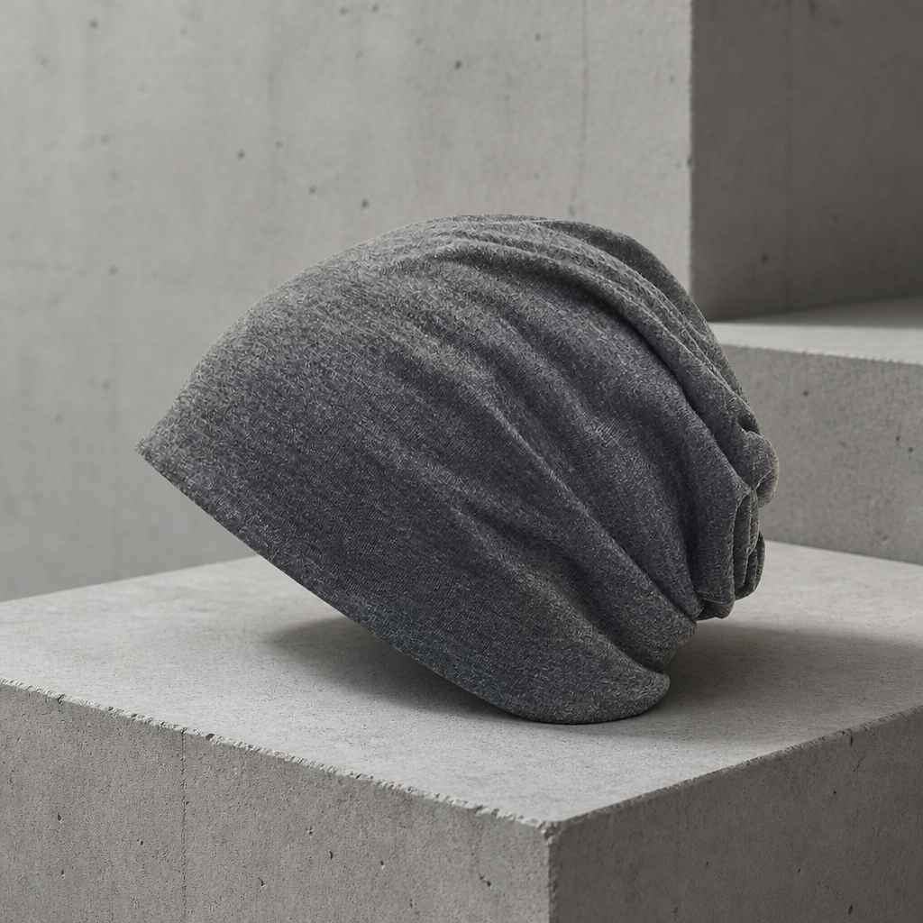 Bonnet léger homme gris foncé en maille fine, forme slouchy froncée à l'arrière