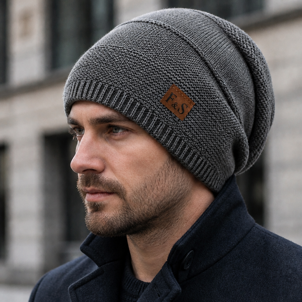 Homme portant le bonnet long gris, maille à rayures en relief et bord côtelé