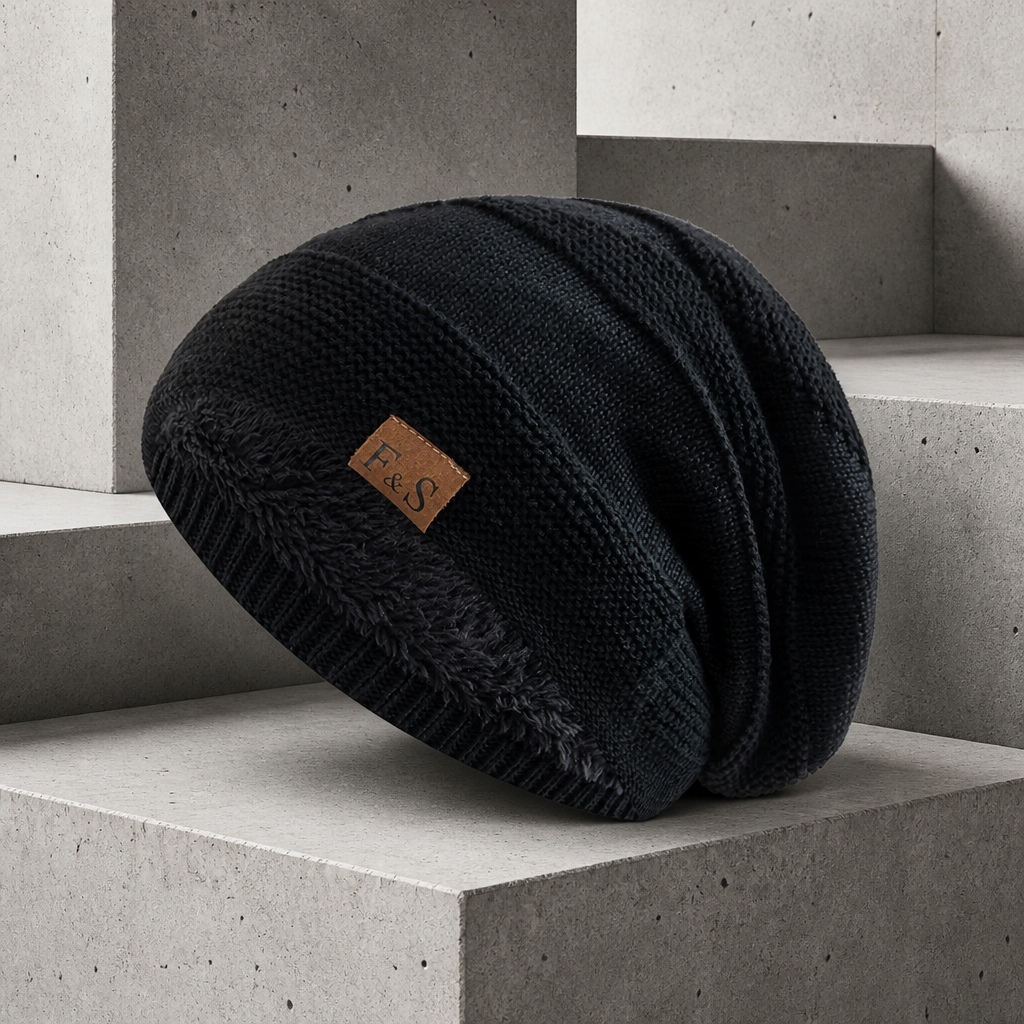 Bonnet long homme noir doublé polaire, écusson marron cousu sur le bord