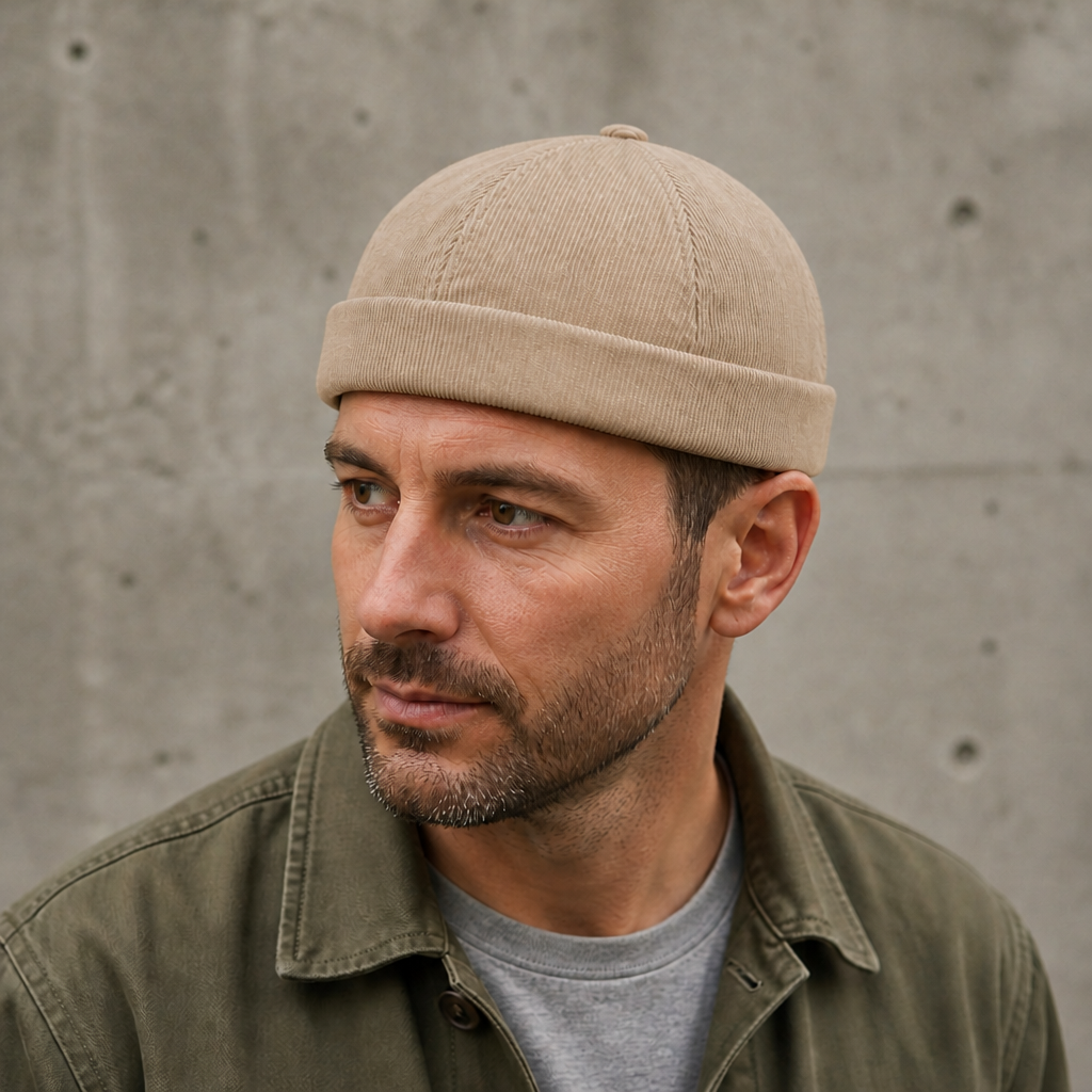 Homme portant le bonnet miki beige en velours côtelé avec une surchemise