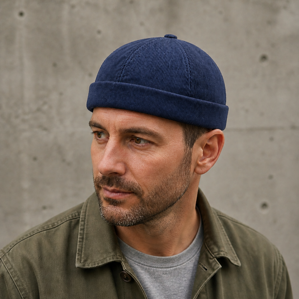 Homme portant le bonnet miki bleu marine en velours avec une surchemise kaki