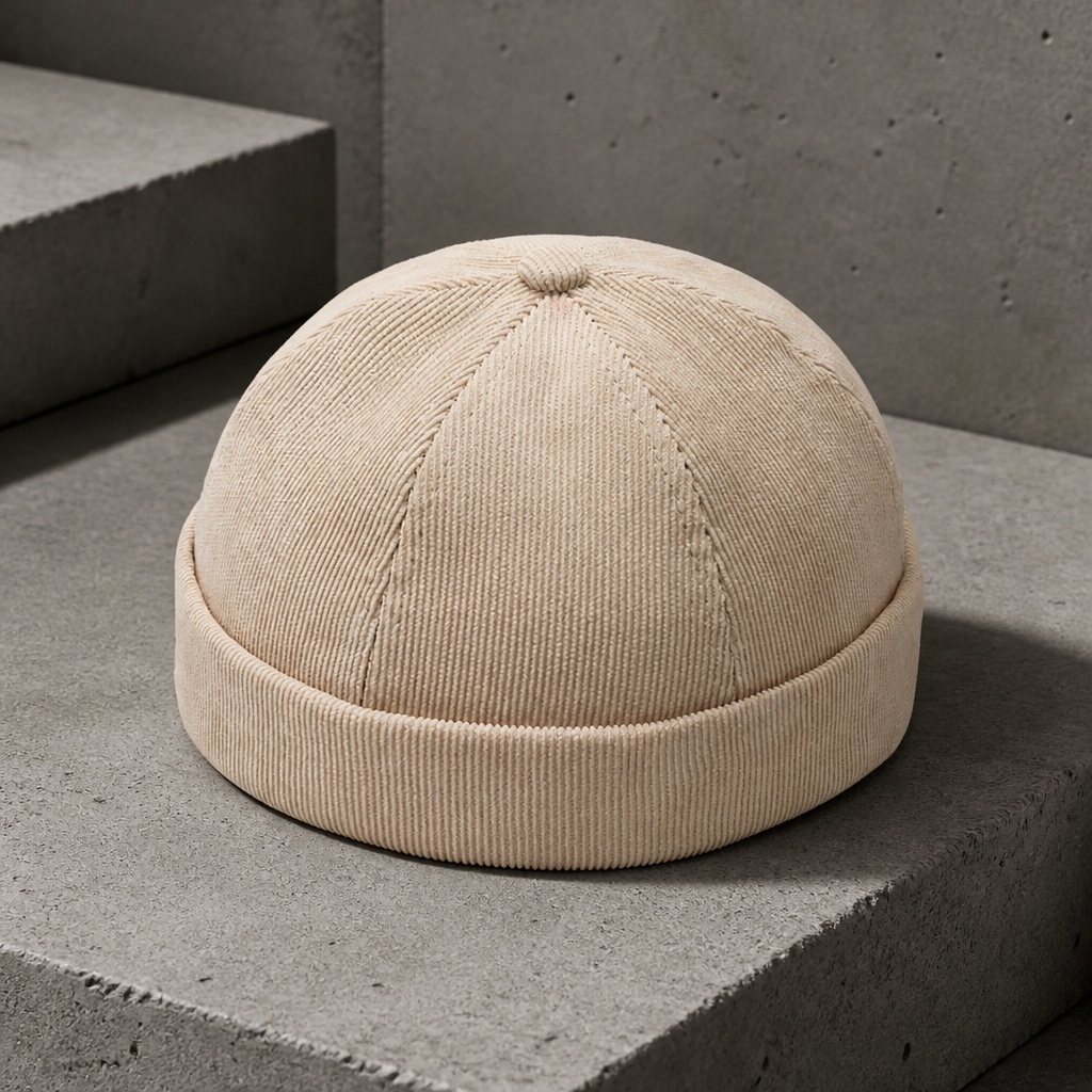Bonnet miki homme beige en velours côtelé, revers roulé