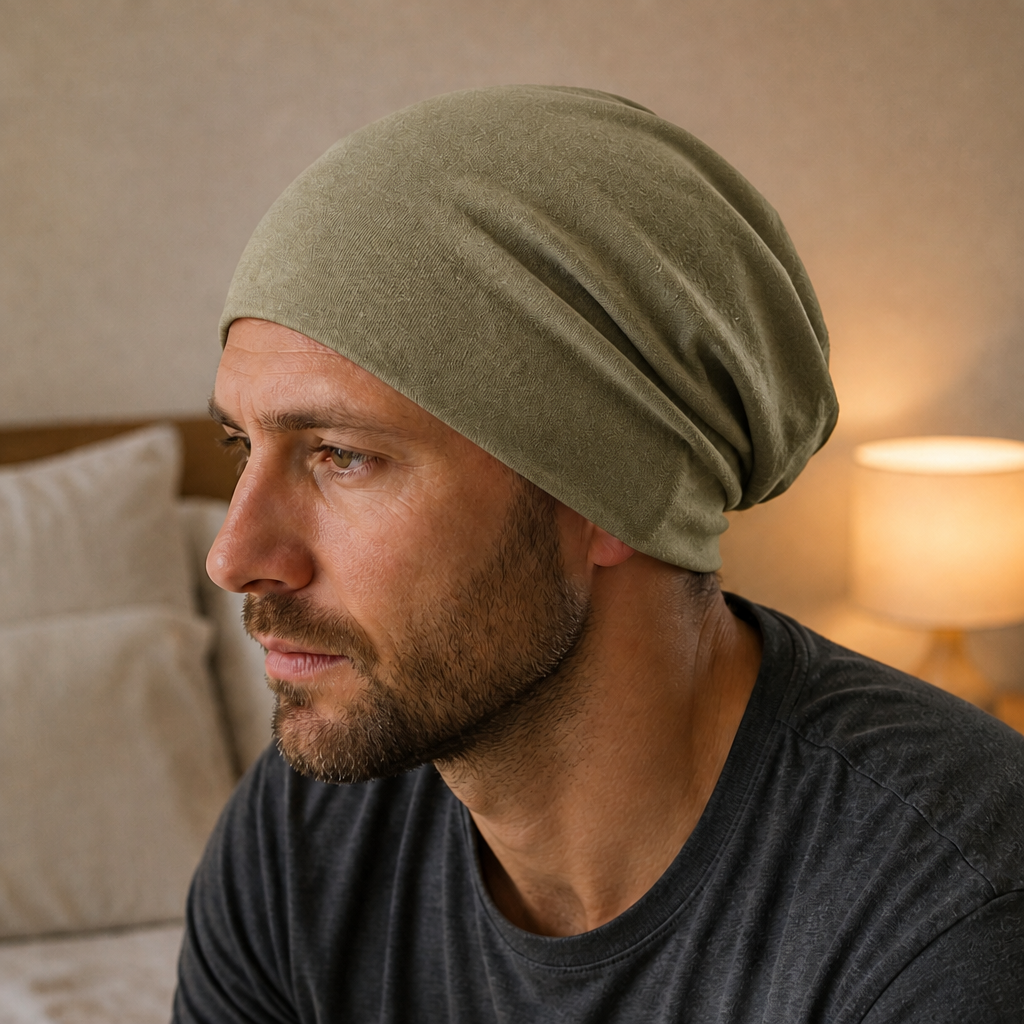 Homme portant le bonnet de nuit kaki avec un tee-shirt gris, à la maison