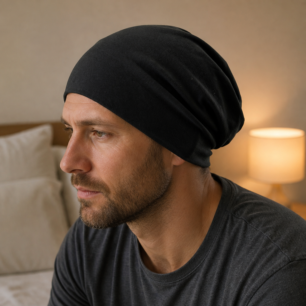 Homme portant le bonnet de nuit noir dans une chambre, le soir