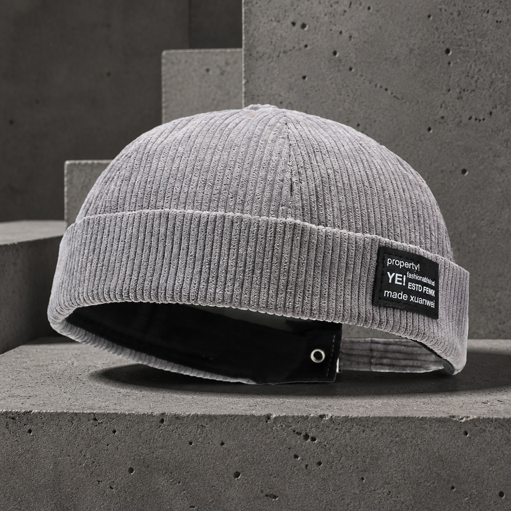 Bonnet pêcheur homme gris clair en velours côtelé, œillet en métal sur le bord