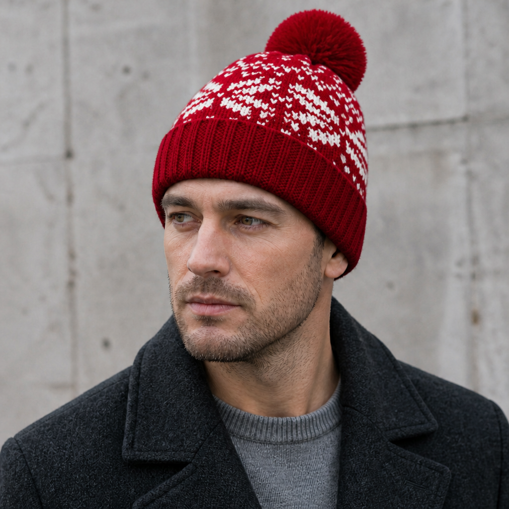 Homme portant le bonnet jacquard bordeaux à flocons blancs et pompon