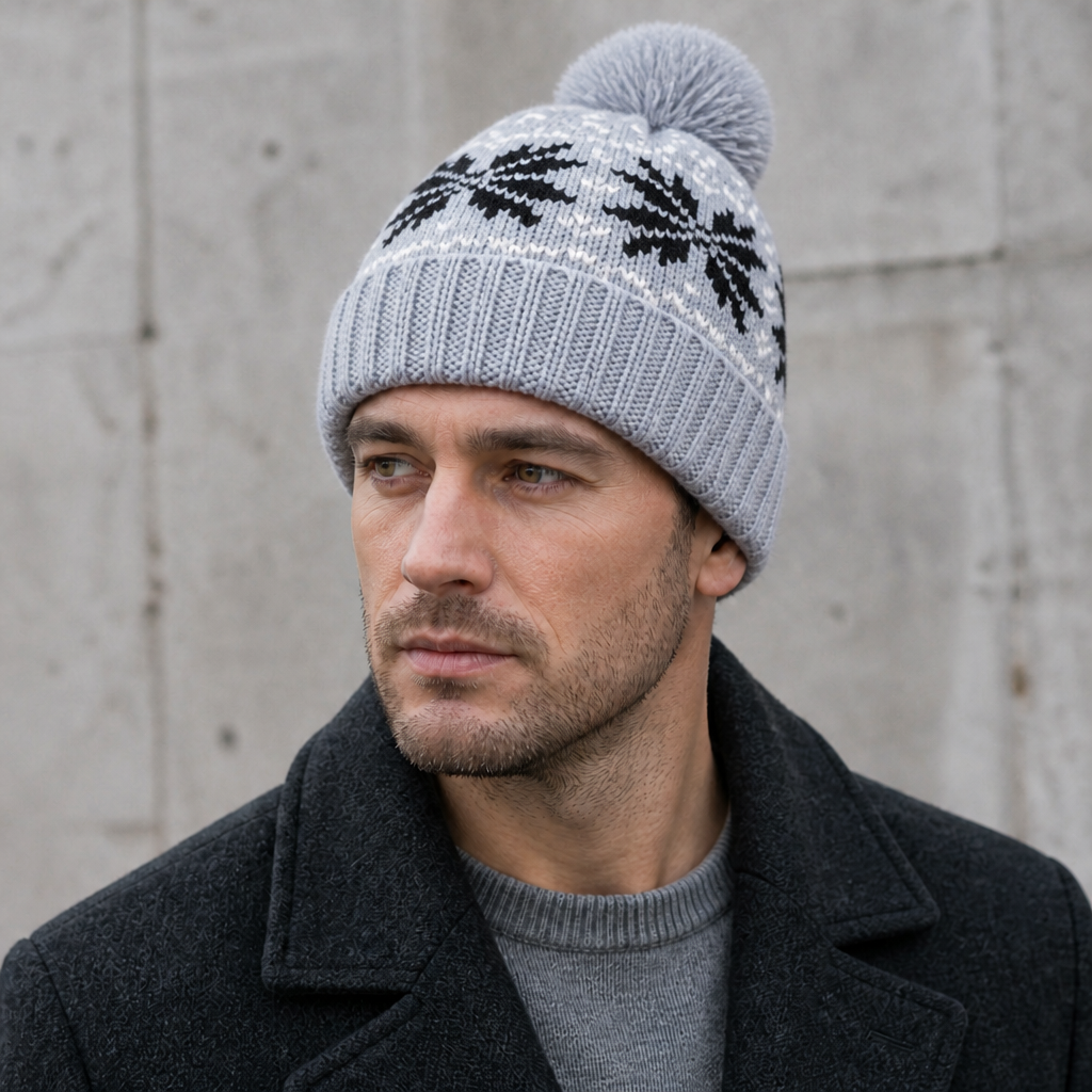 Homme portant le bonnet jacquard gris à flocons noirs et pompon gris
