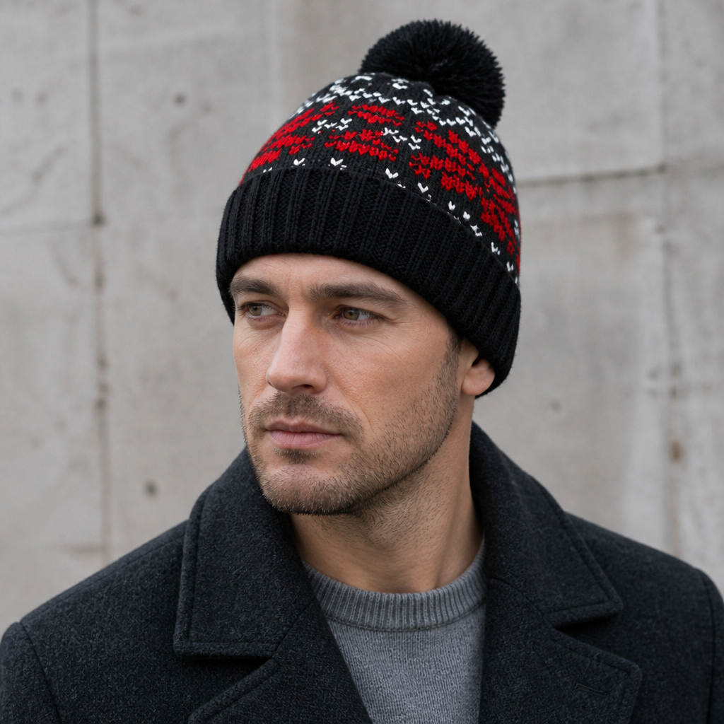 Homme portant le bonnet ski jacquard noir à flocons rouges, revers côtelé replié