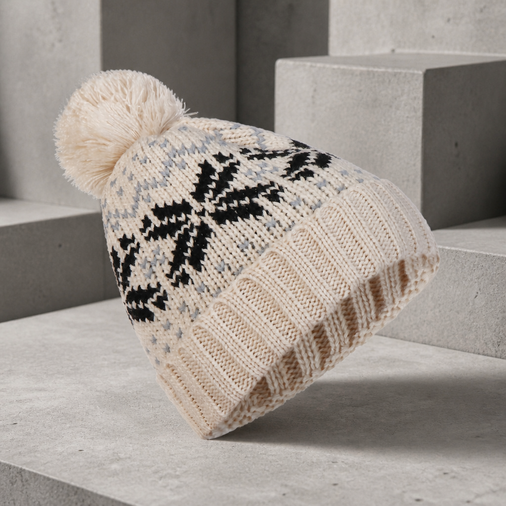 Bonnet ski homme jacquard beige à flocons noirs et pompon crème