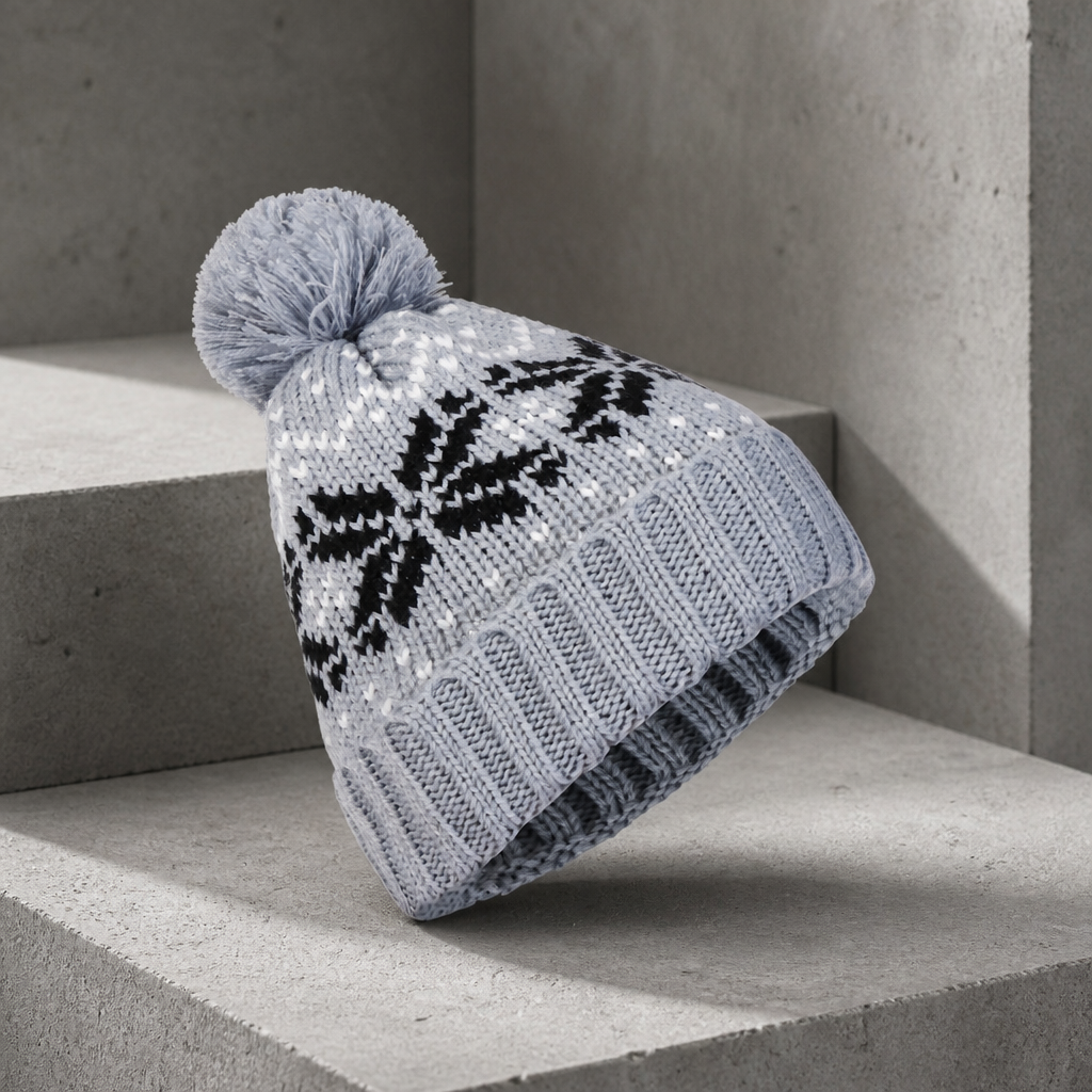 Bonnet ski homme jacquard gris clair à flocons noirs et pompon gris