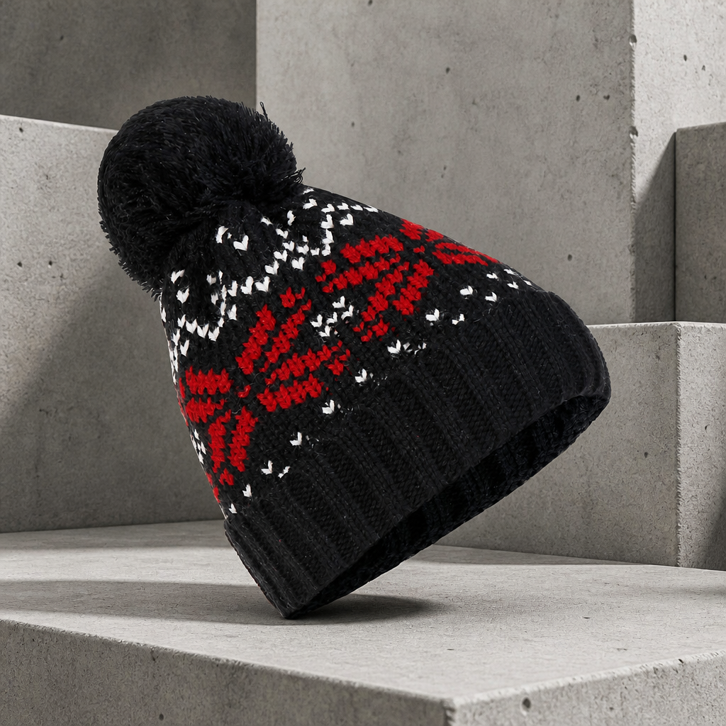 Bonnet ski homme jacquard noir à flocons rouges et blancs, pompon noir, posé sur béton