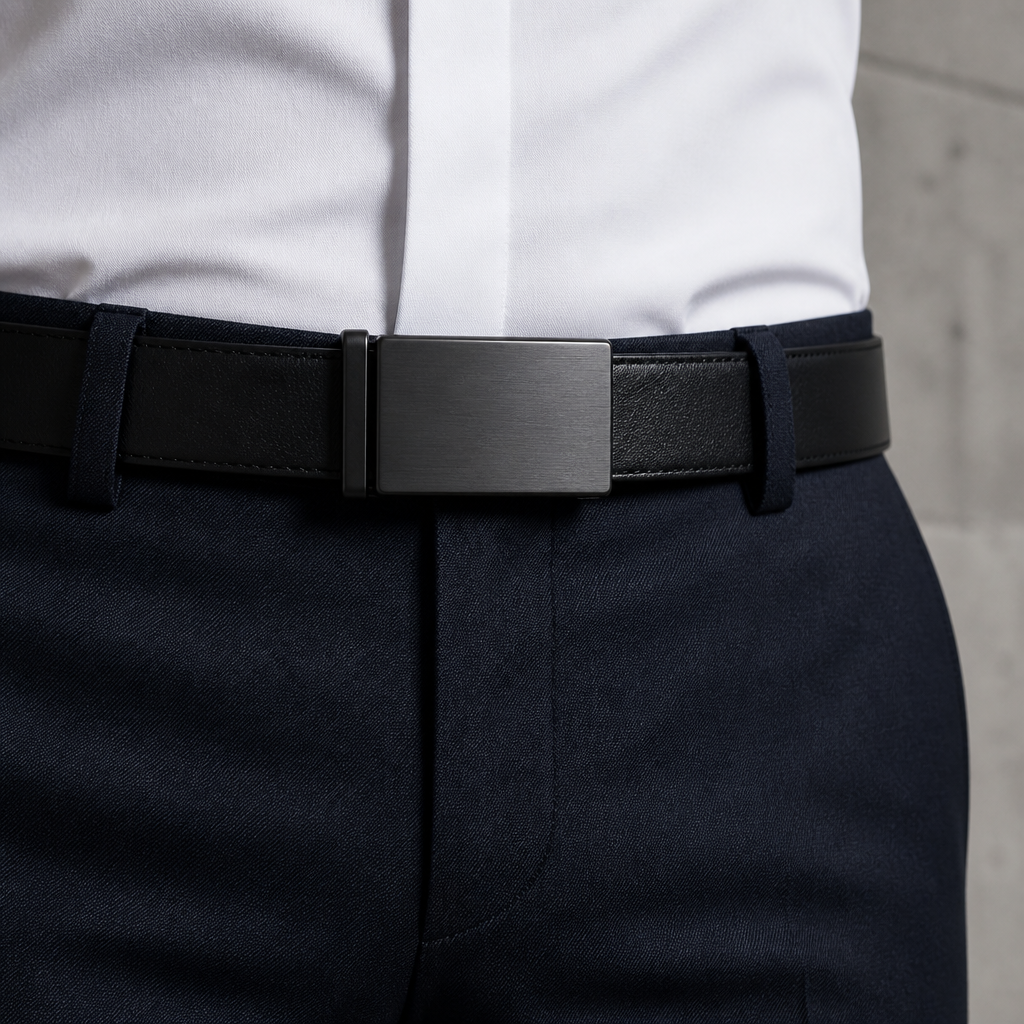Boucle gris canon brossé montée sur une ceinture noire, portée à la taille sur un pantalon marine