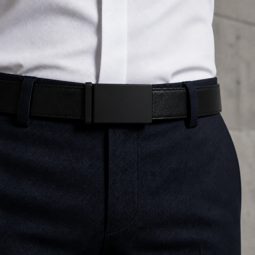 Boucle noire laquée montée sur une ceinture noire, portée à la taille sur un pantalon marine