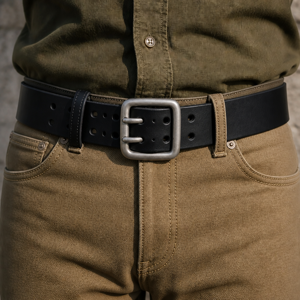 Même montage sur une ceinture noire, portée avec un pantalon de travail kaki