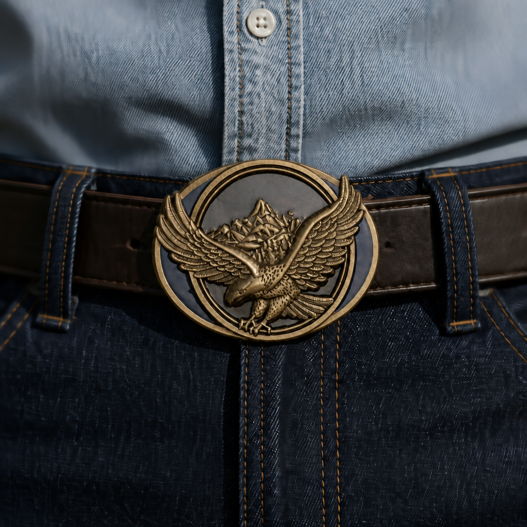 Boucle ovale à l'aigle dorée montée sur une ceinture en cuir marron avec un jean brut, ceinture non fournie